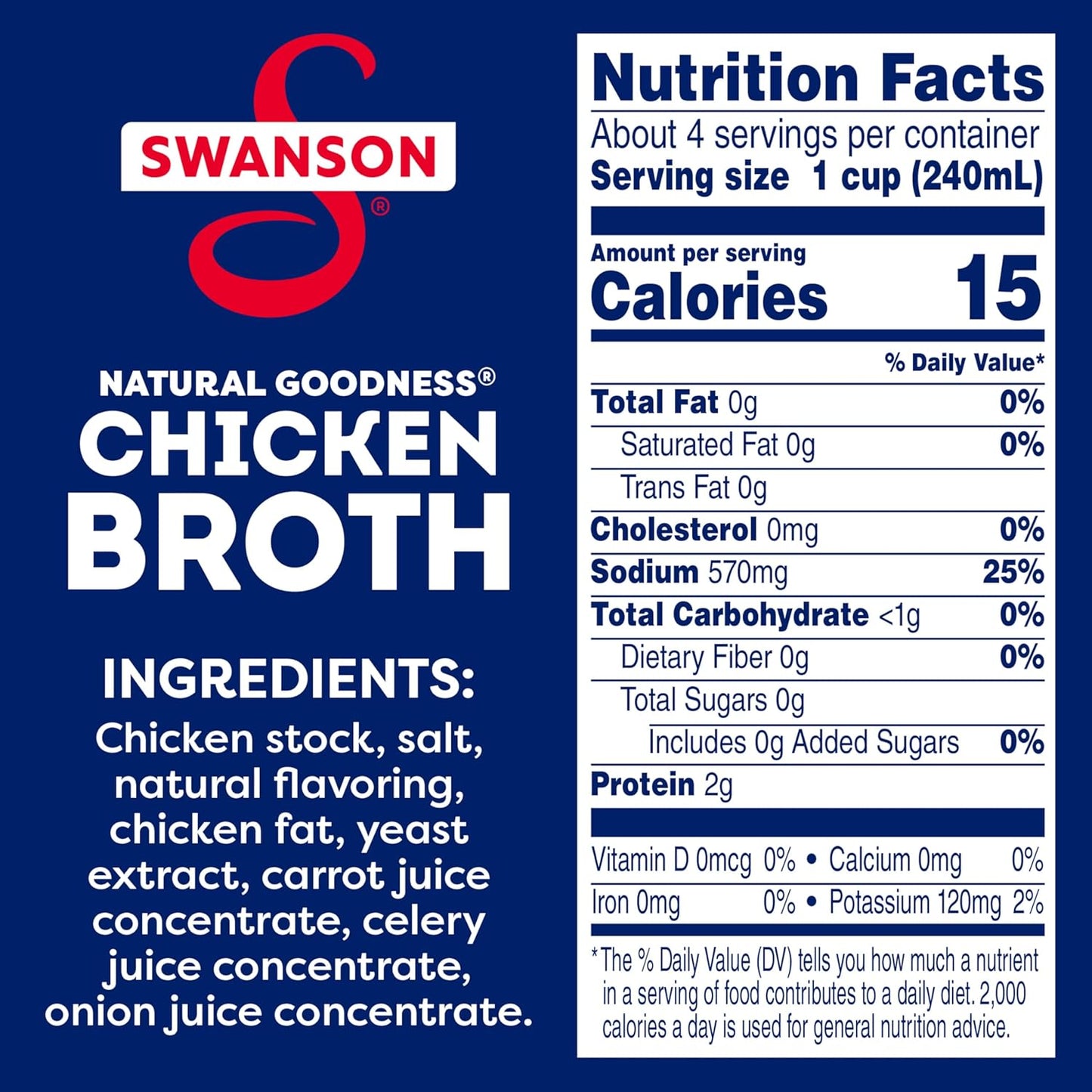570 mg sodium per serving — 33% less than regular swanson chicken broth