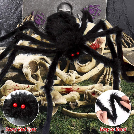 59" furry black spider with glowing red eyes and articulated foldable legs