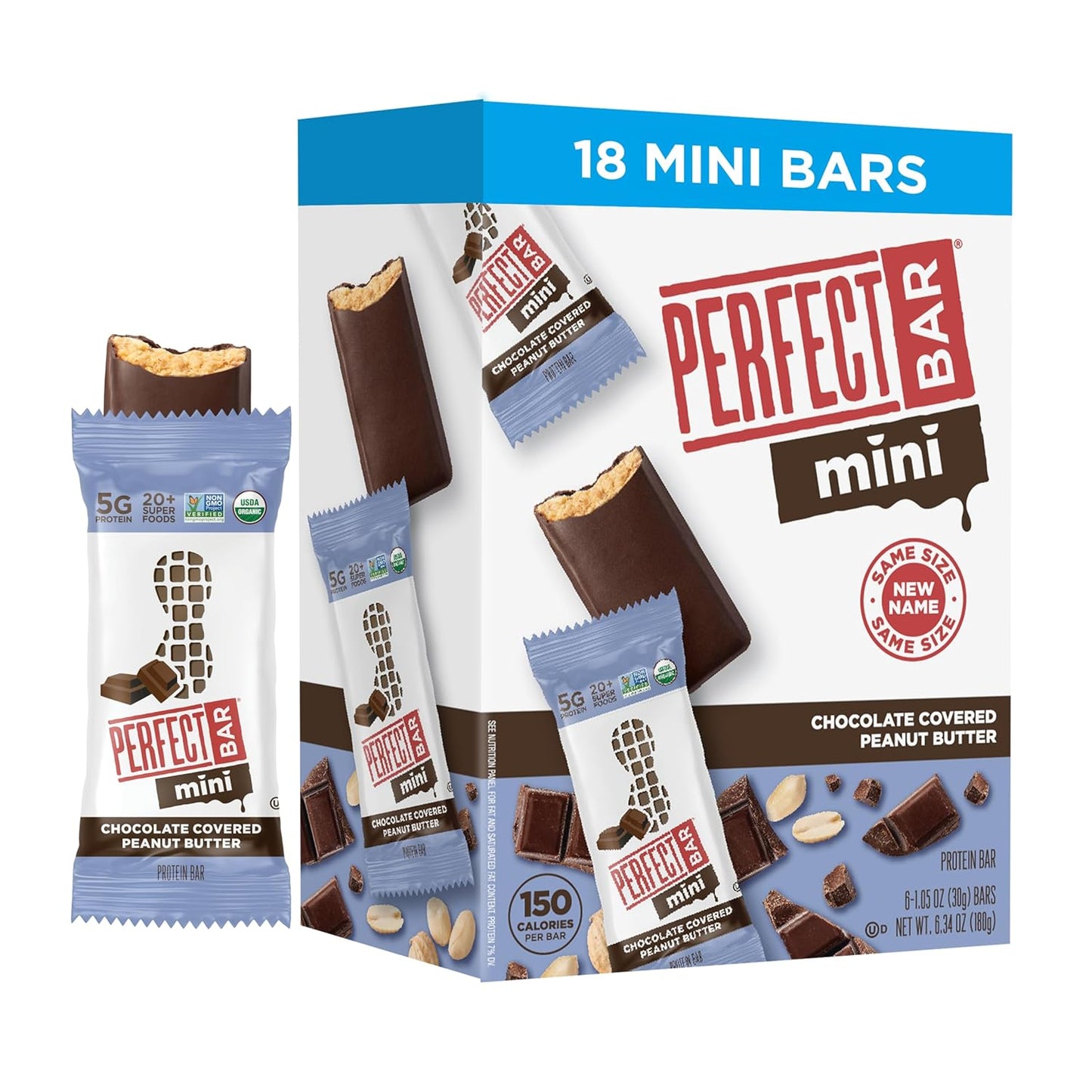 5g whole food protein per mini bar from freshly ground organic peanut butter and rice protein
