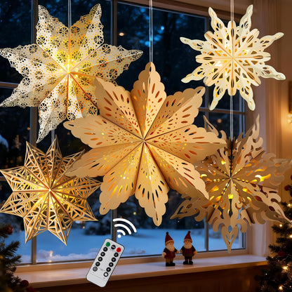 5Pcs LED Paper Snowflake Lanterns – Thoughtful Holiday Gift for Her, Reusable Christmas Decor for Mom and Grandmother