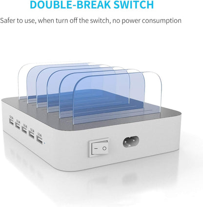 6 adjustable/removable dividers to hold phones and tablets upright, even with thick cases