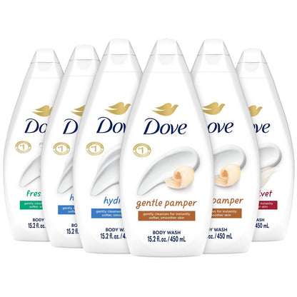 6-bottle variety configuration: 2x hydrate, 2x gentle pamper, 1x fresh care, 1x silky velvet