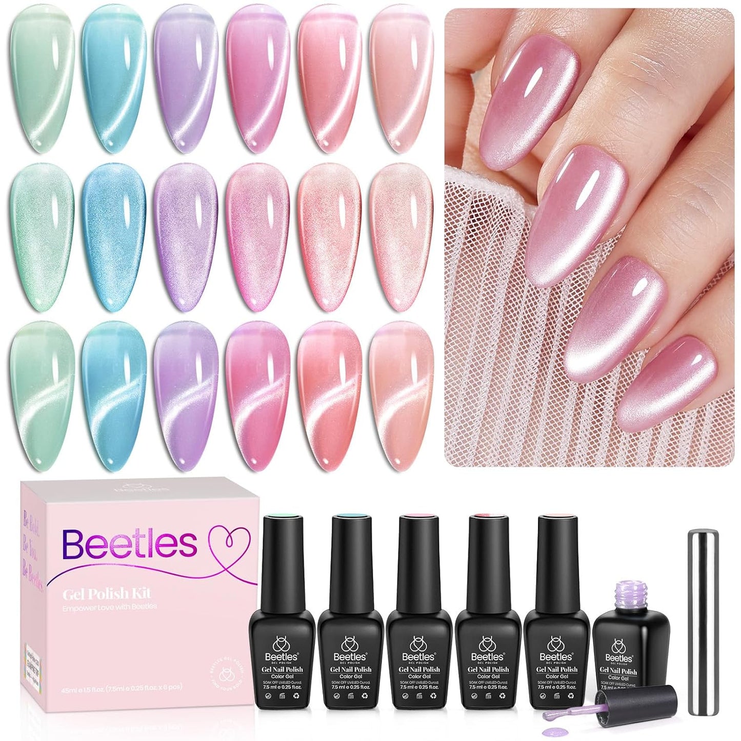 6 cat eye gel polish bottles in pastel fairy garden shades (pink, red, blue, orange, green, purple)
