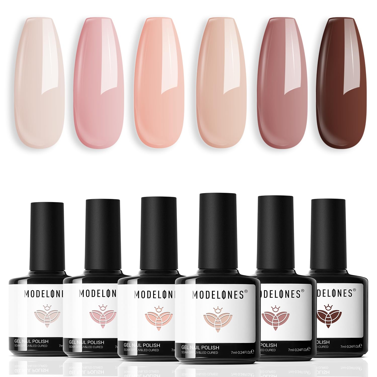 6-color gel polish set with 1.44 fl oz bottles in nude, pink, milky white, and neutral brown tones