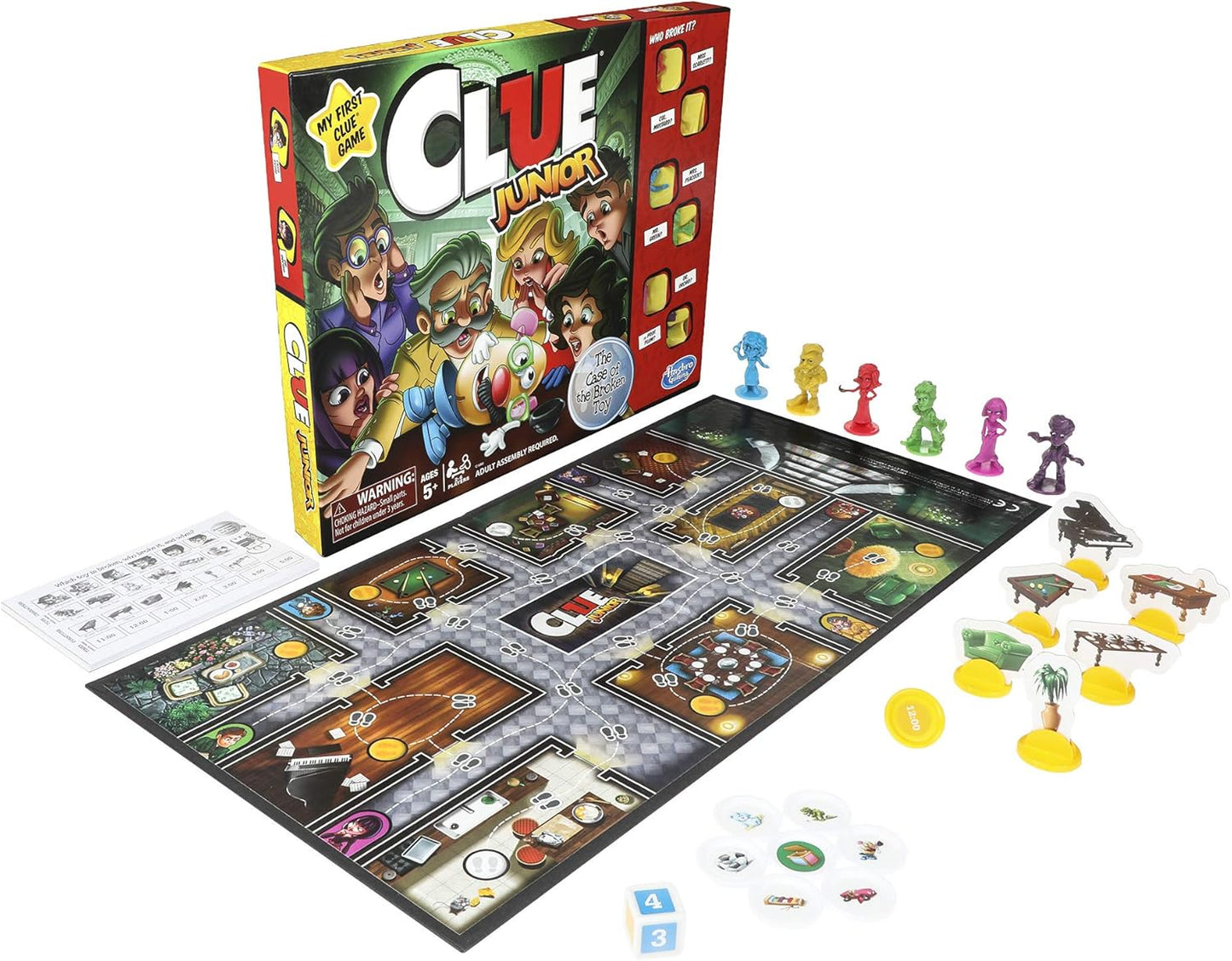 6 furniture tokens that players can peek under for hidden clues