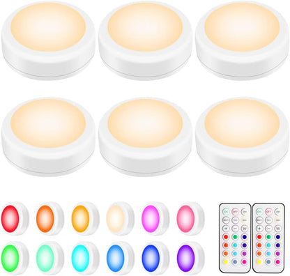 6 led puck lights with 40-lumen max output and dimmable brightness via remote