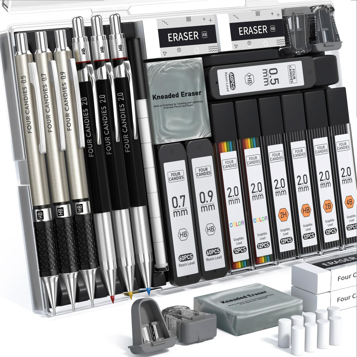 6 mechanical pencils (3 metal drafting 0.5/0.7/0.9mm + 3× 2.0mm lead holders)