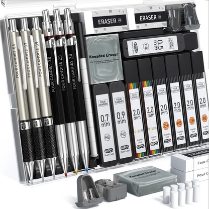6 mechanical pencils (3 metal drafting 0.5/0.7/0.9mm + 3× 2.0mm lead holders)