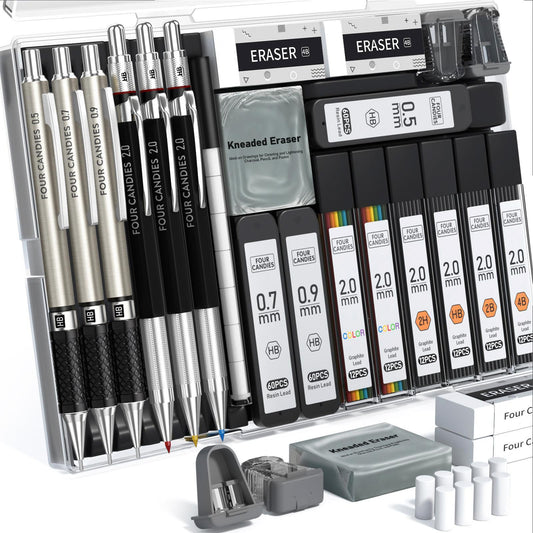 6 mechanical pencils (3 metal drafting 0.5/0.7/0.9mm + 3× 2.0mm lead holders)