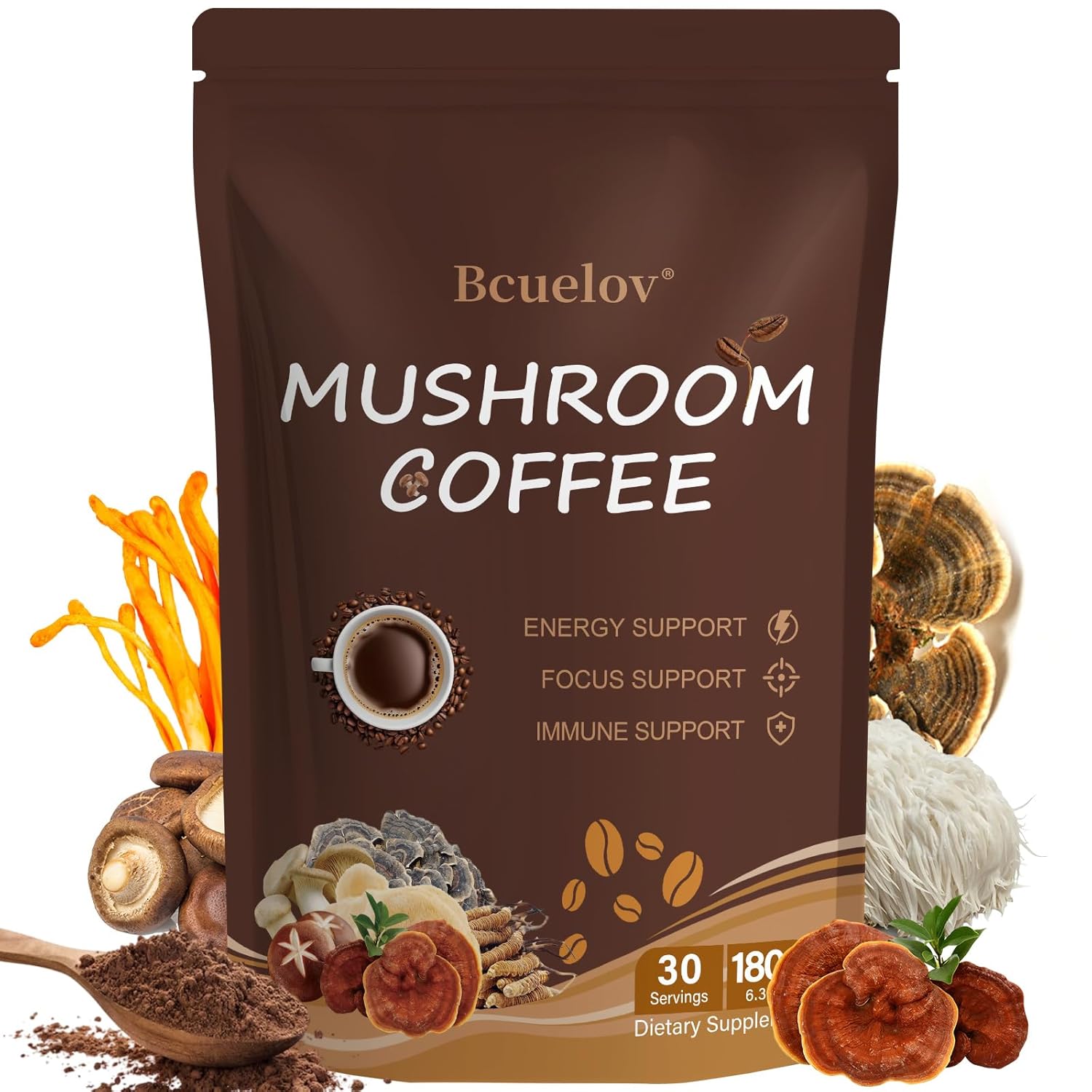 6-mushroom adaptogen blend (cordyceps, lion's mane, reishi, shiitake, turkey tail, king trumpet) at 2000mg per serving