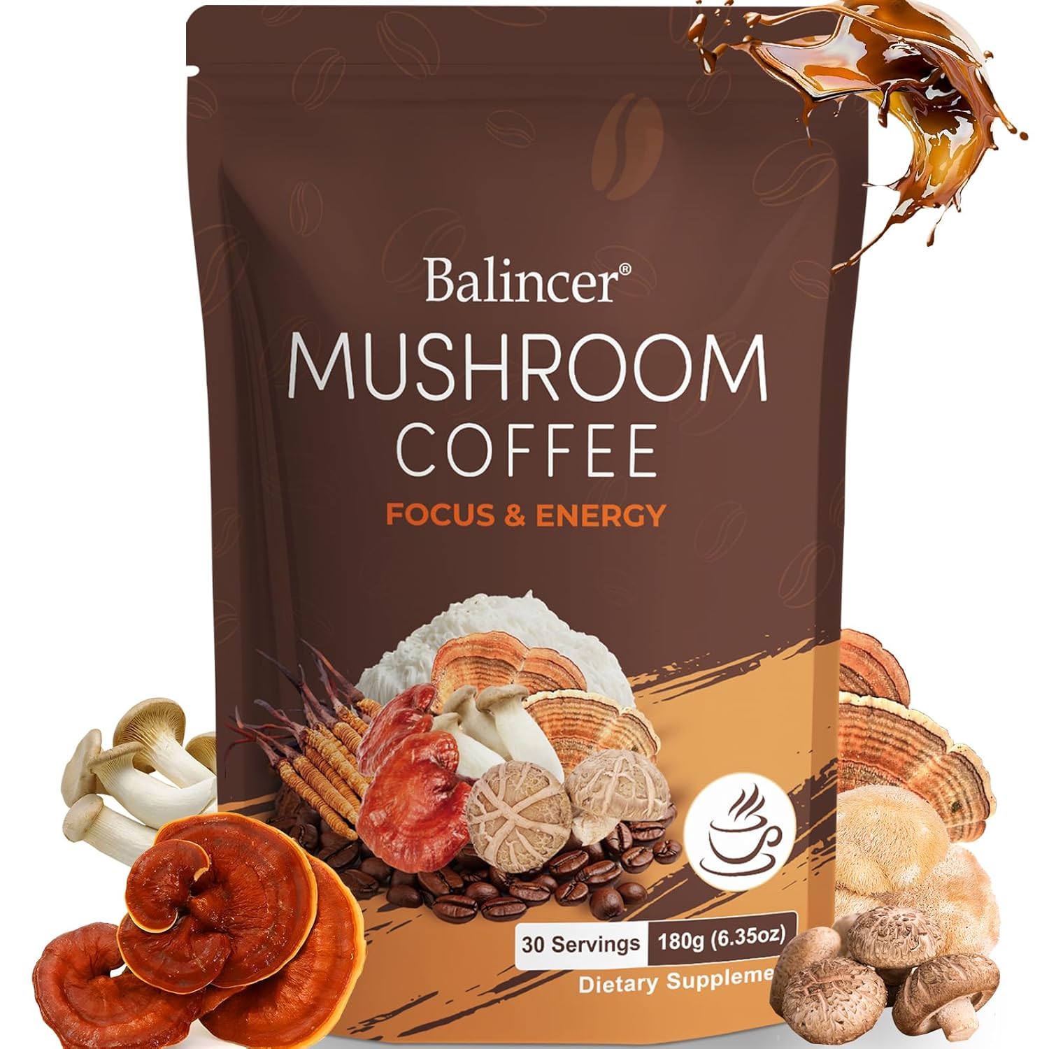 6-mushroom adaptogenic blend: lion's mane, cordyceps, turkey tail, reishi, shiitake, king trumpet