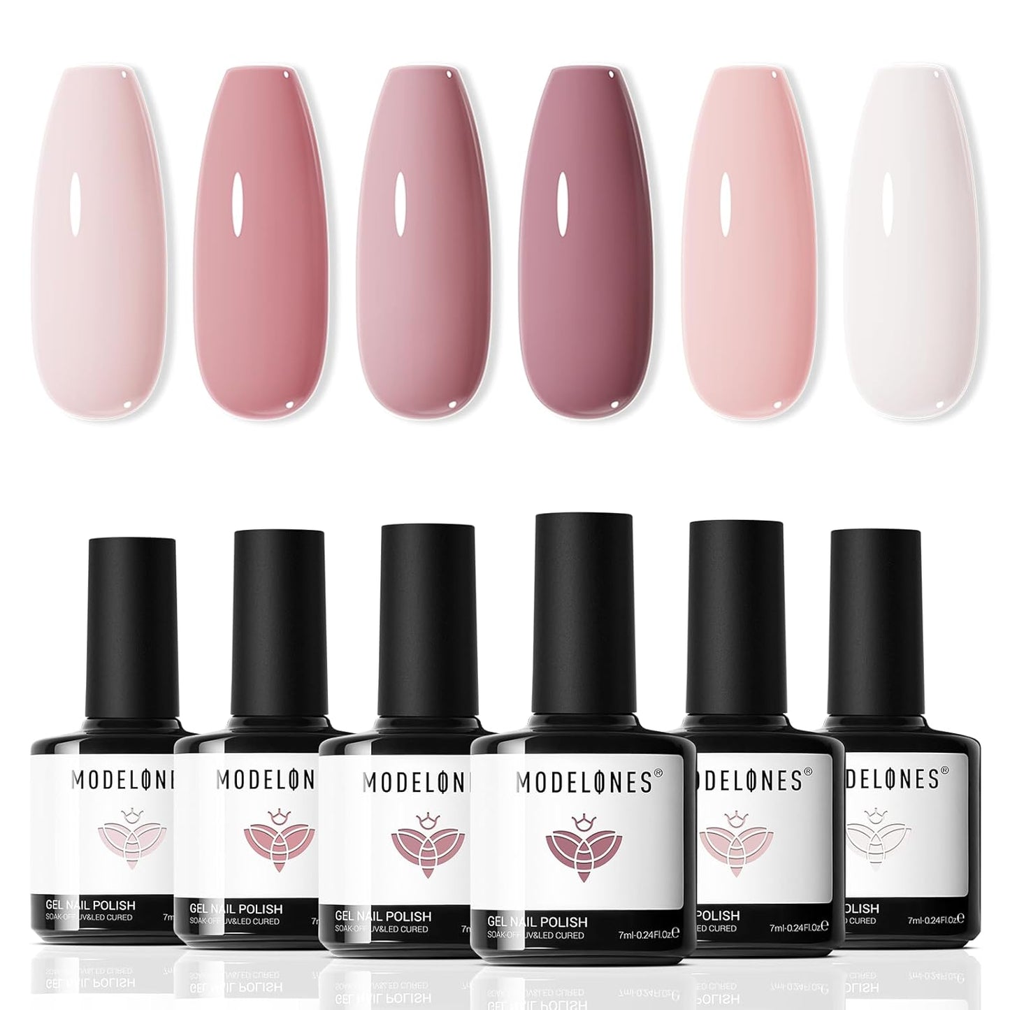 6 nude pink/neutral gel polish shades in 7 ml bottles