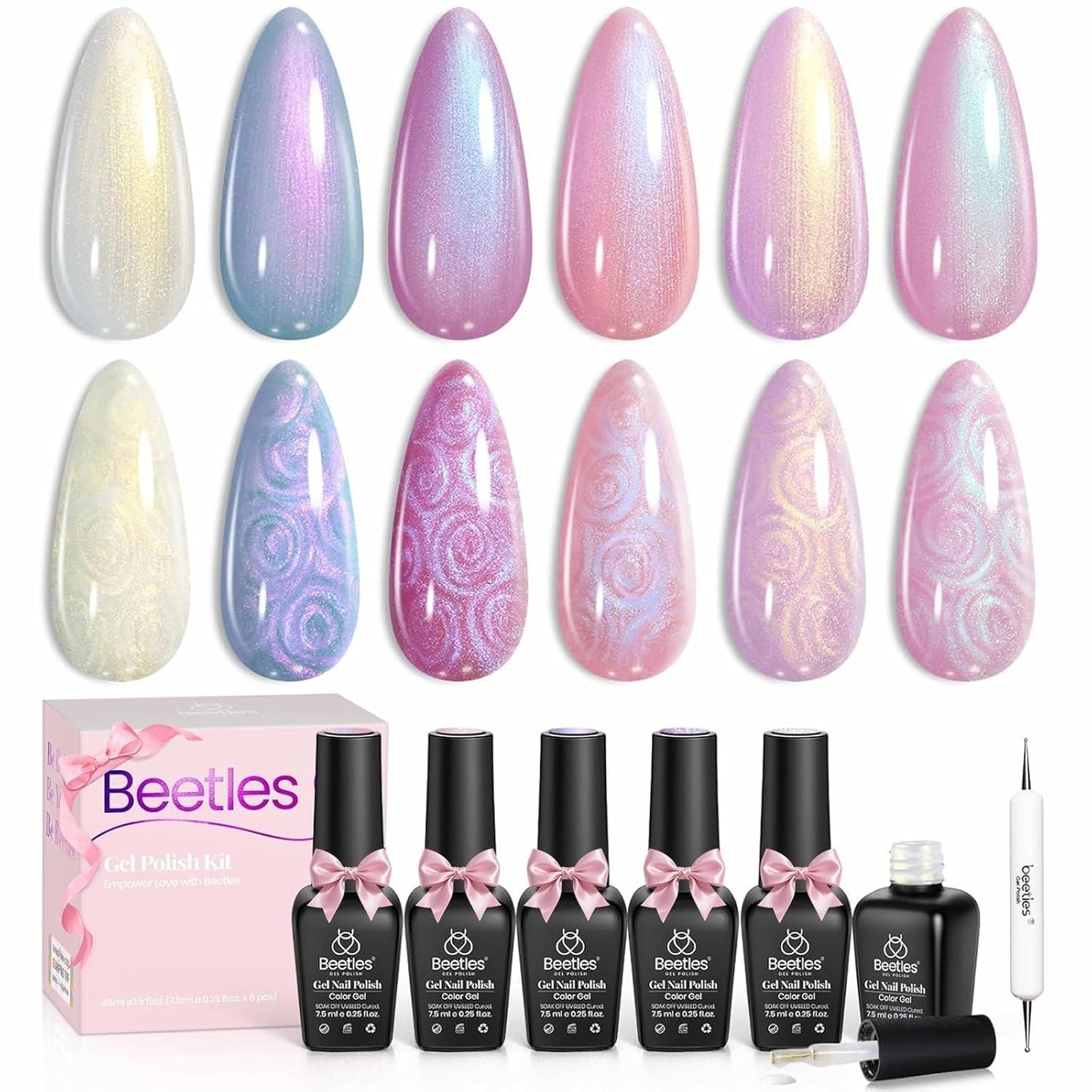 6-piece 7.5ml gel polish set with shimmer pearl and swirl thread dual effect