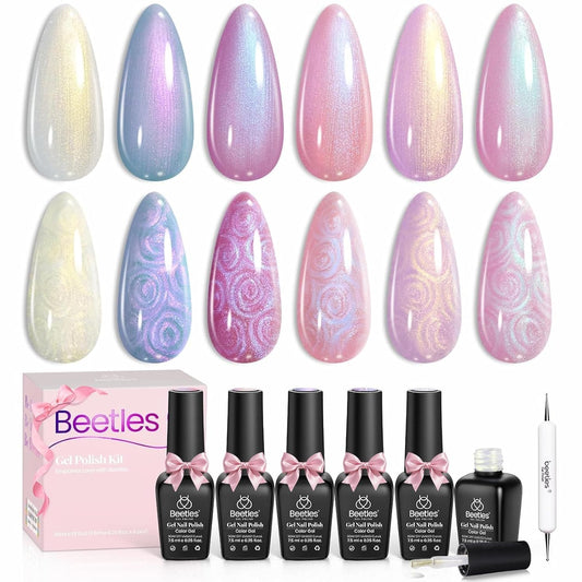 6-piece 7.5ml gel polish set with shimmer pearl and swirl thread dual effect