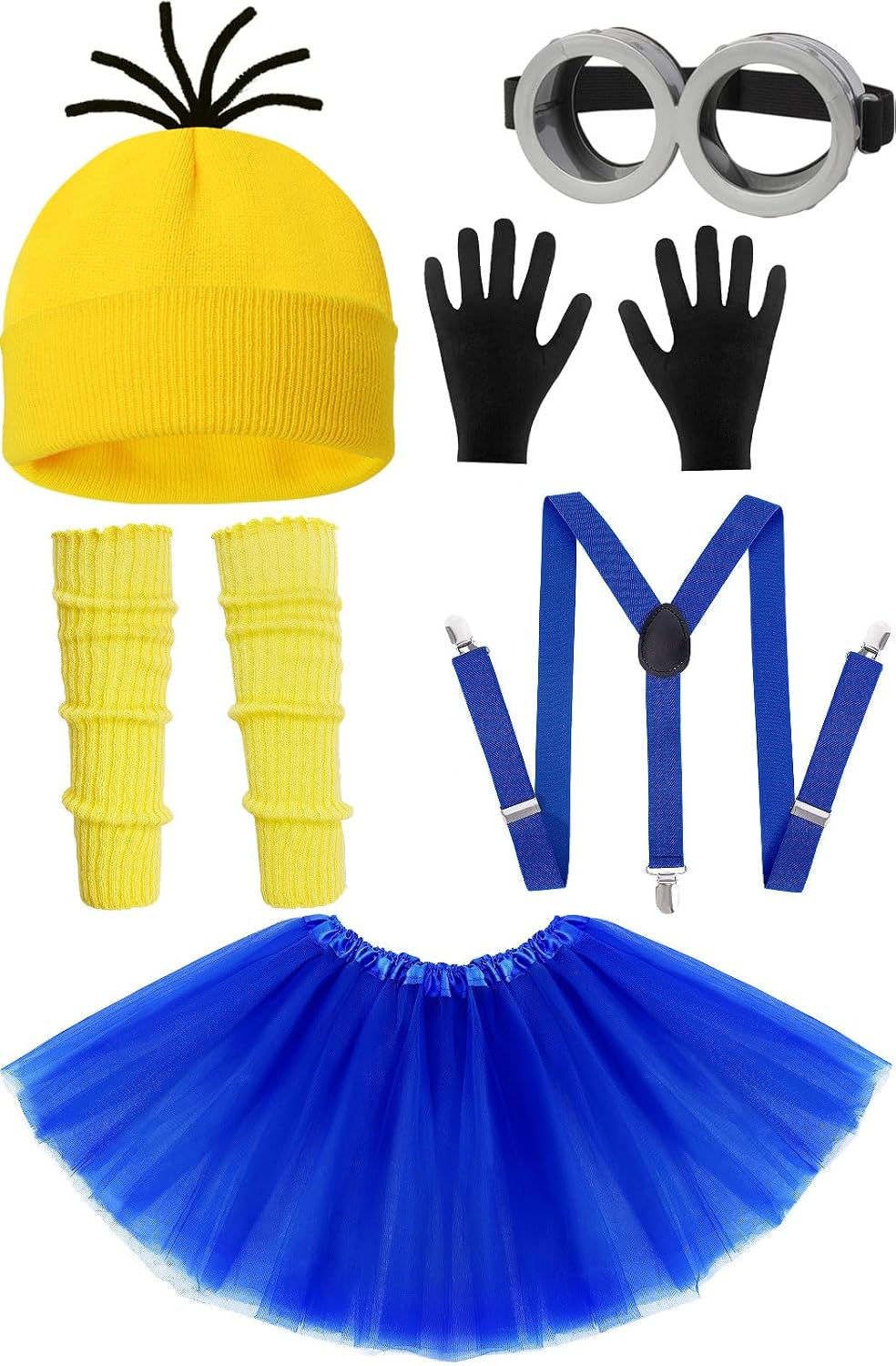 6-piece accessory set including gloves, socks, goggles, skirt, suspenders, and yellow beanie