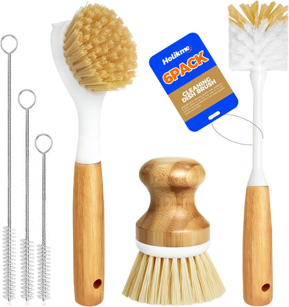 6-piece brush kit: 1 long-handle dish brush, 1 bottle brush, 1 palm vegetable scrubber, 3 straw brushes