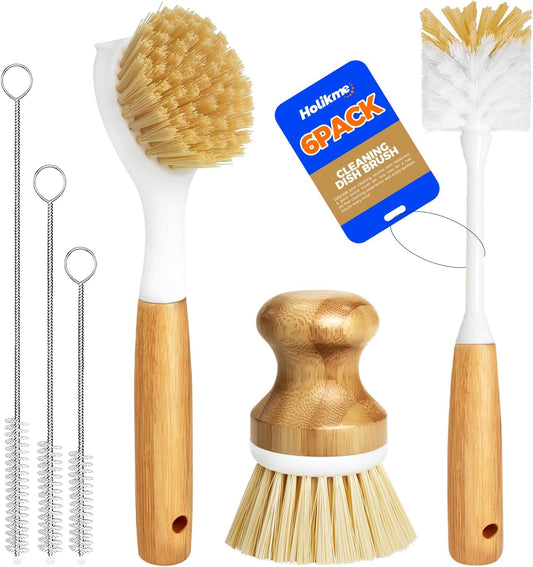 6-piece brush kit: 1 long-handle dish brush, 1 bottle brush, 1 palm vegetable scrubber, 3 straw brushes