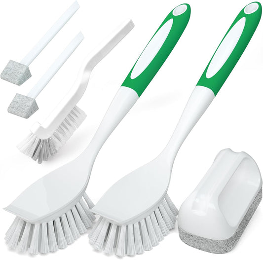 6-piece brush kit including dish brushes, groove gap brushes, scouring pads, abrasive wheel brushes, and a scraper
