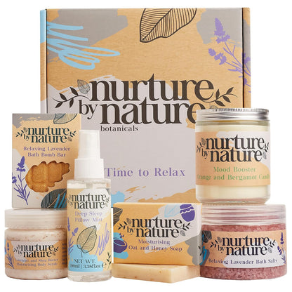 6-piece full-size set: bath salts, 50-hour soy candle, bath bomb bar, oat & honey soap, shea body scrub, pillow mist