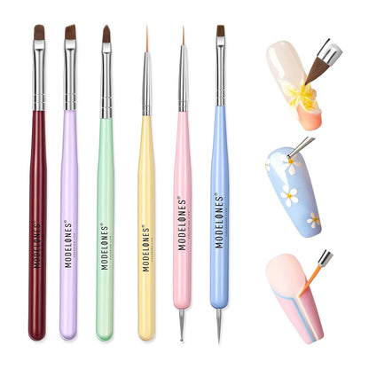 6-piece multifunctional brush set including gel brush, poly extension gel brush, french tip brush, carved pen, liner brush, and dotting pens