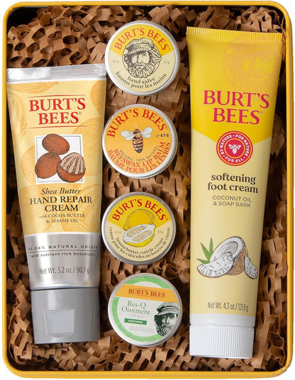 6-piece set including cuticle cream, hand salve, lip balm, res-q ointment, hand repair cream, and foot cream in a giftable tin