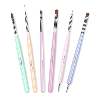 6-piece set including extension gel brush, builder gel brush, carved pen, liner brush, and dotting pen