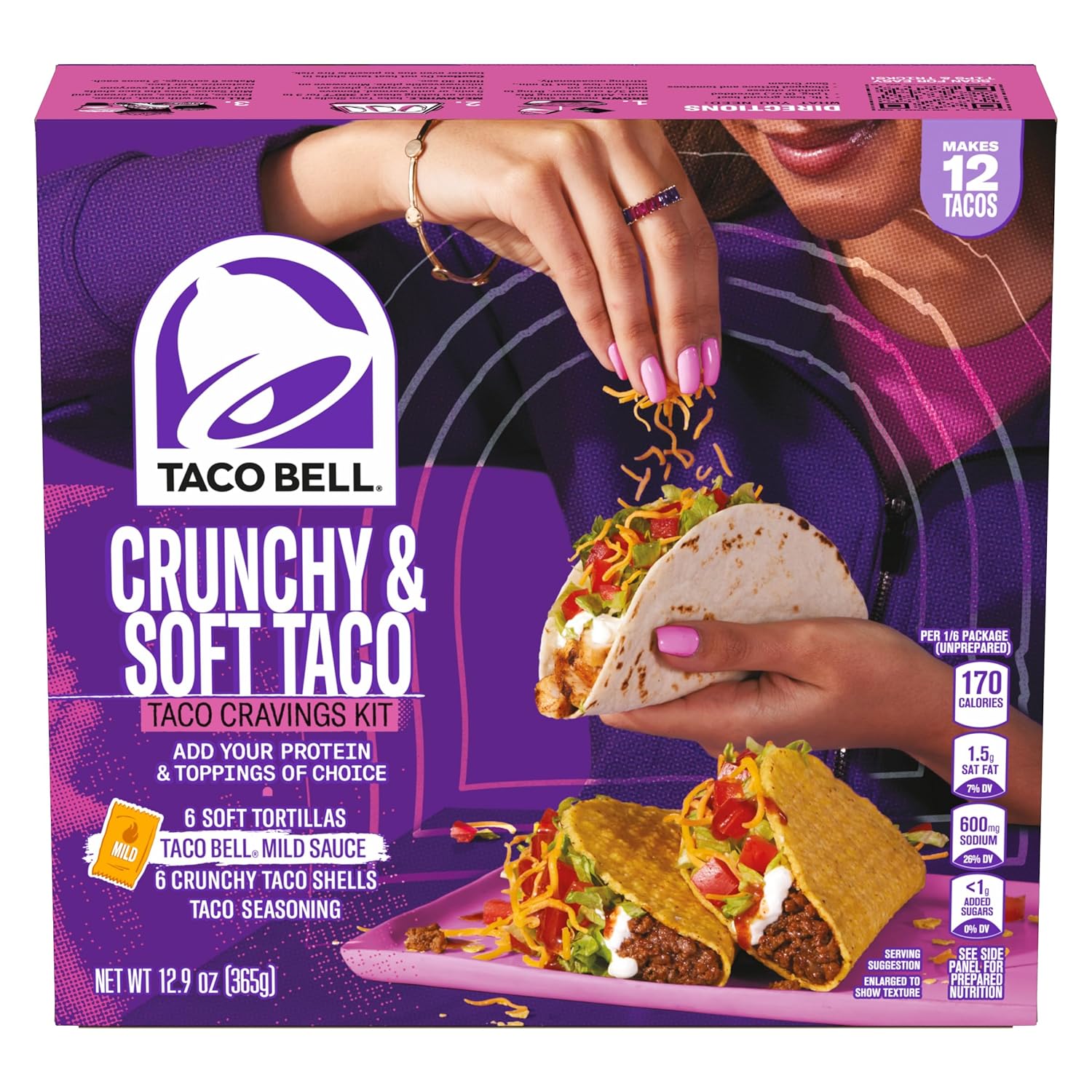6 soft flour tortillas and 6 crunchy corn taco shells in a single 12.9 oz box