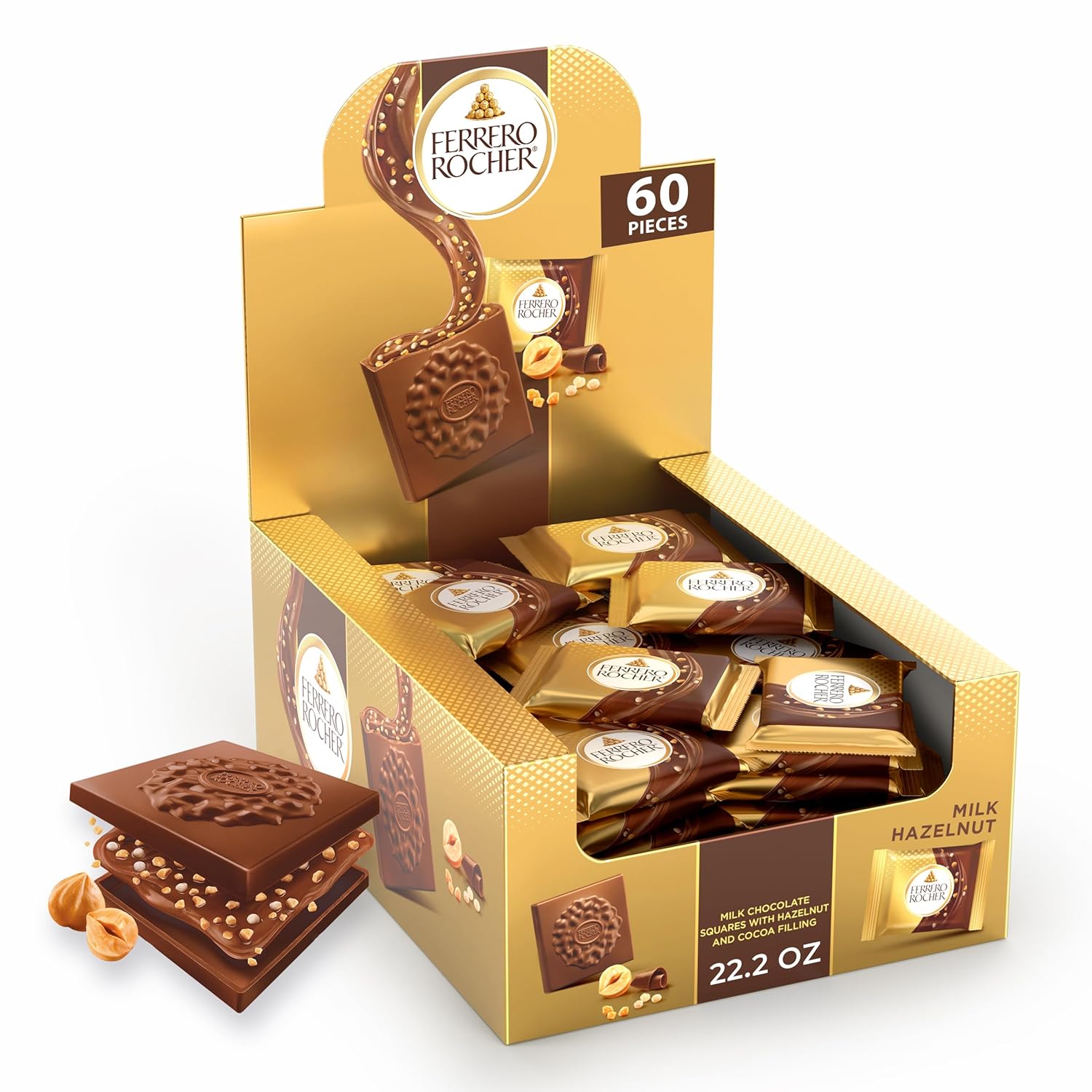 60 individually wrapped milk chocolate hazelnut squares at 3.7 oz each