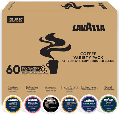 60 k-cup pods split evenly across 6 blends: costiera light, dolcevita medium, espresso, house blend medium, italian roast extra dark, decaf medium