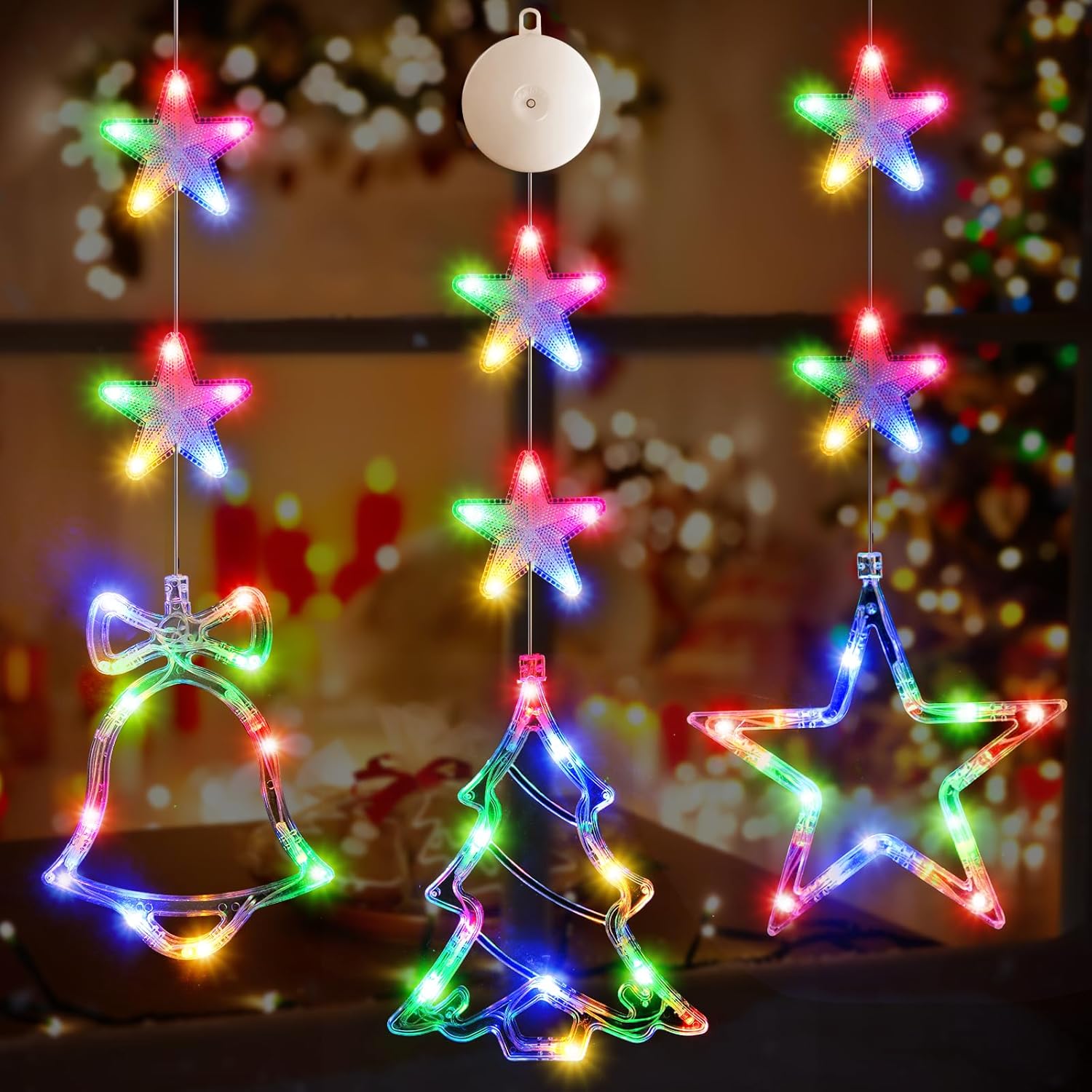 60 multicolor led bulbs distributed across 3 silhouette pieces (bell, tree, star shapes)