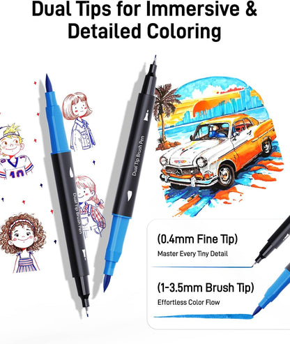 60 vibrant water-based colors with color-coded caps and matching swatch card
