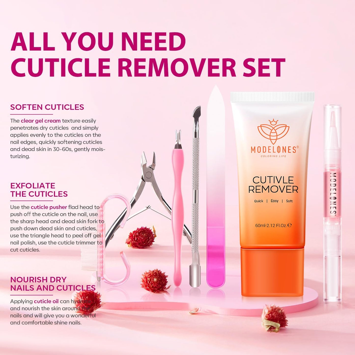 60g cuticle remover cream with clear gel texture that penetrates and softens in 30-60 seconds