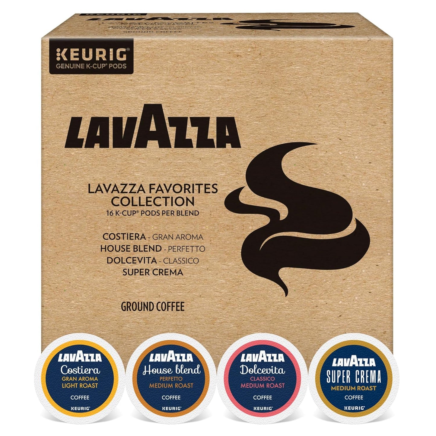 64-count box containing 16 pods each of costiera, house blend, dolcevita, and super crema