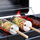 ivtivfu Rolling Grill Basket – Secure-Grip Wooden Handle for Safer Grilling Sessions