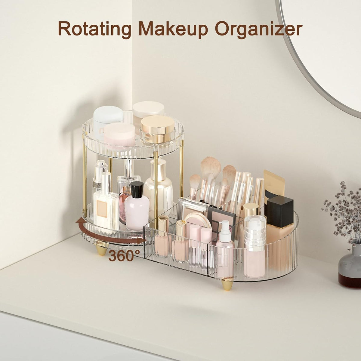 7 compartments across two tiers including a 5-compartment skincare/makeup holder