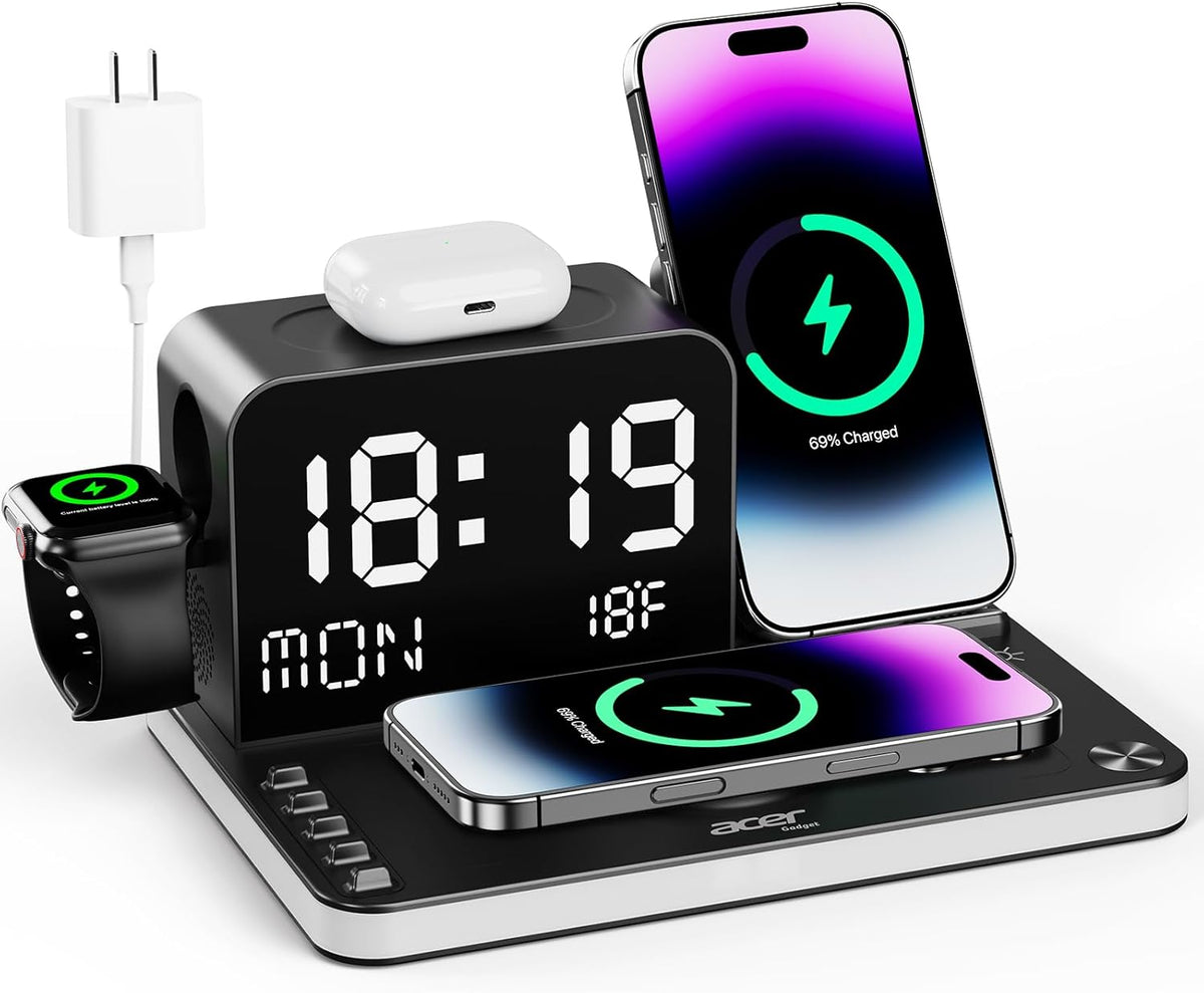 7-in-1 design: 2 wireless phone pads, wireless airpods pad, apple watch charger, plus 1 usb-a and 1 usb-c wired port