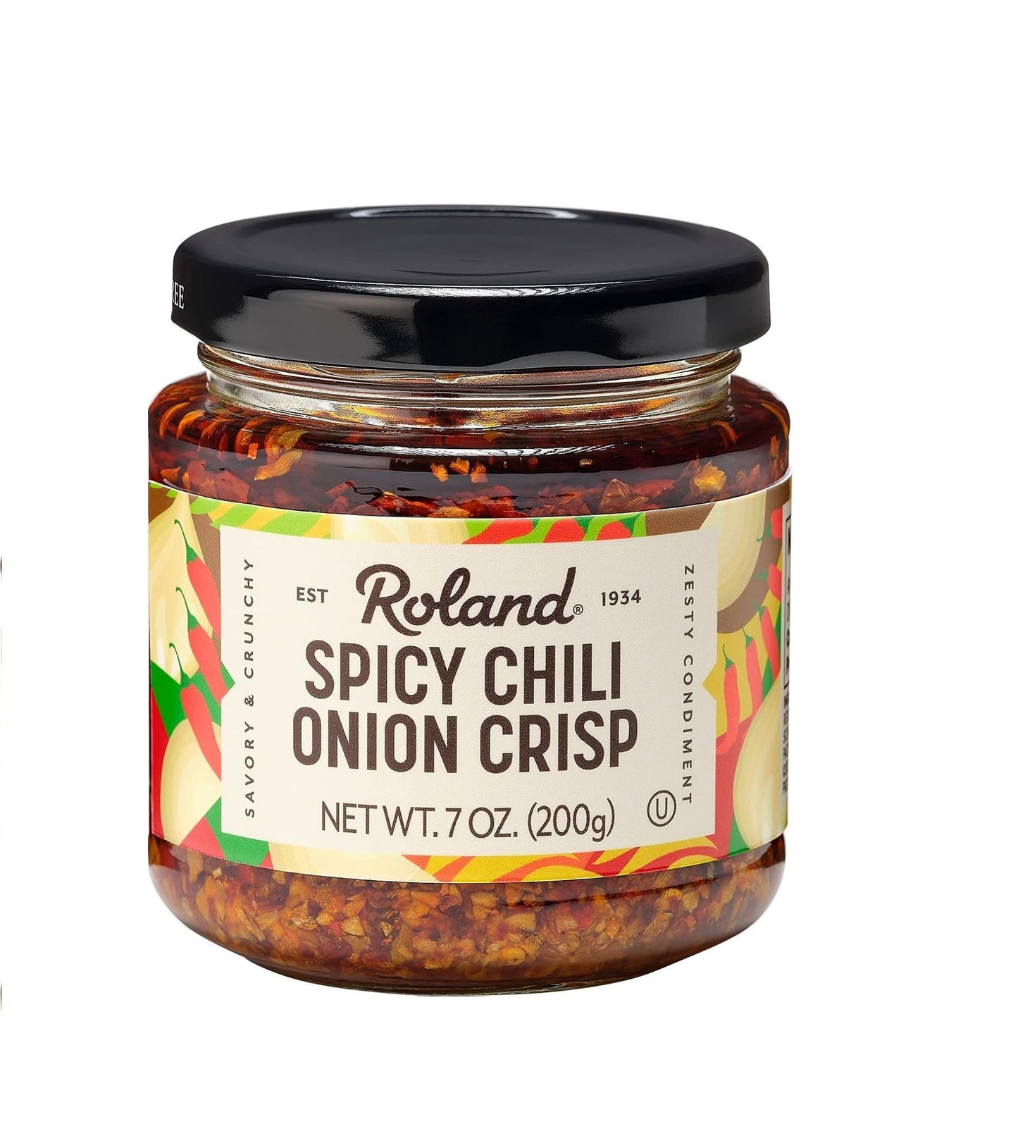 7-ounce jar of spicy chili onion crisp with savory-sweet flavor profile and mild heat