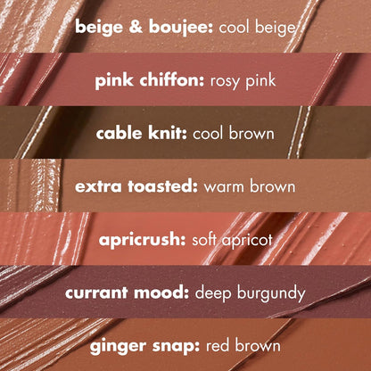 7-shade range including neutrals like beige & boujee, cable knit, extra toasted and pops like pink chiffon, ginger snap, currant mood, apricrush