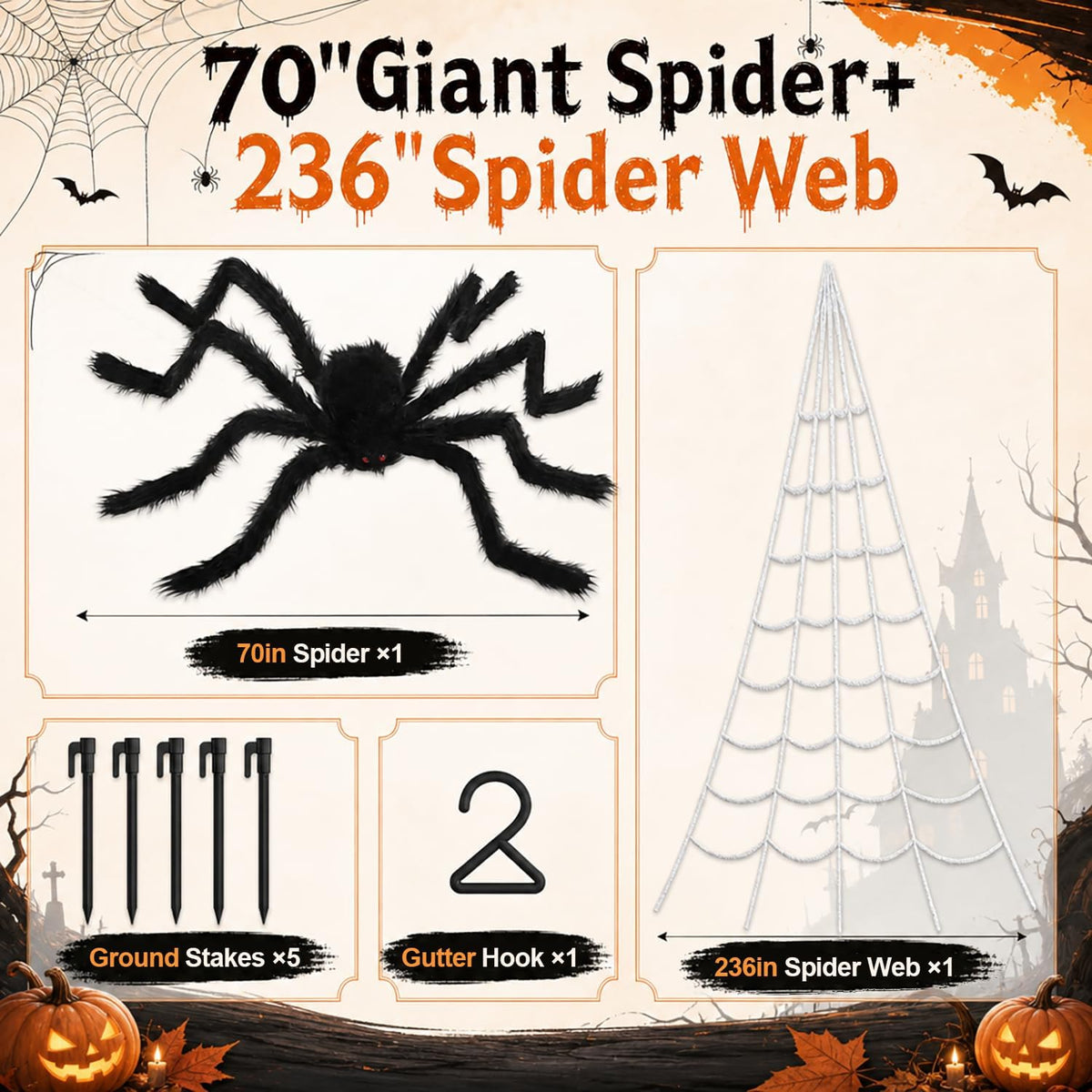 70-inch large realistic scary spider prop included in the set