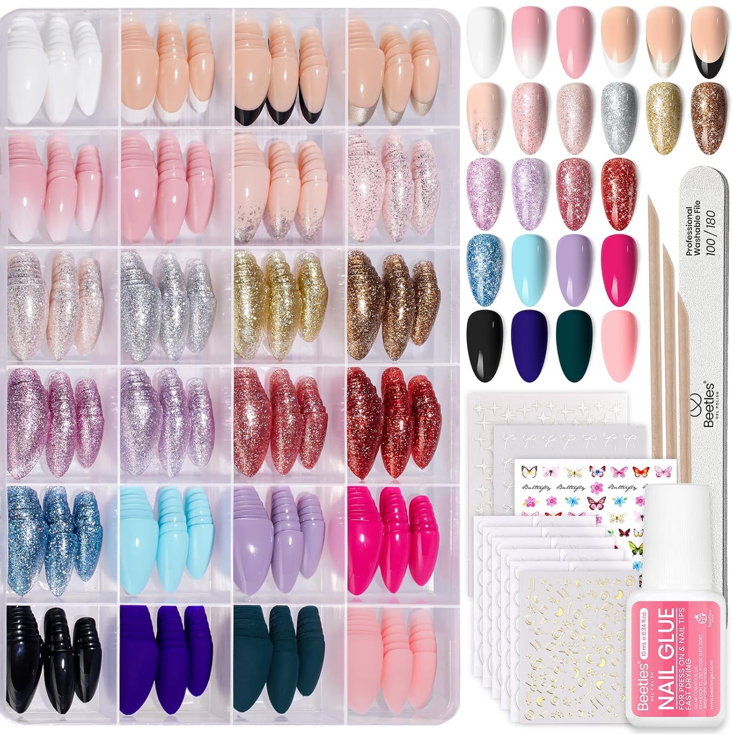 720-piece set covering 15 nail sizes and 24 color/finish combinations including matte, glossy, glitter, french tip, and nude