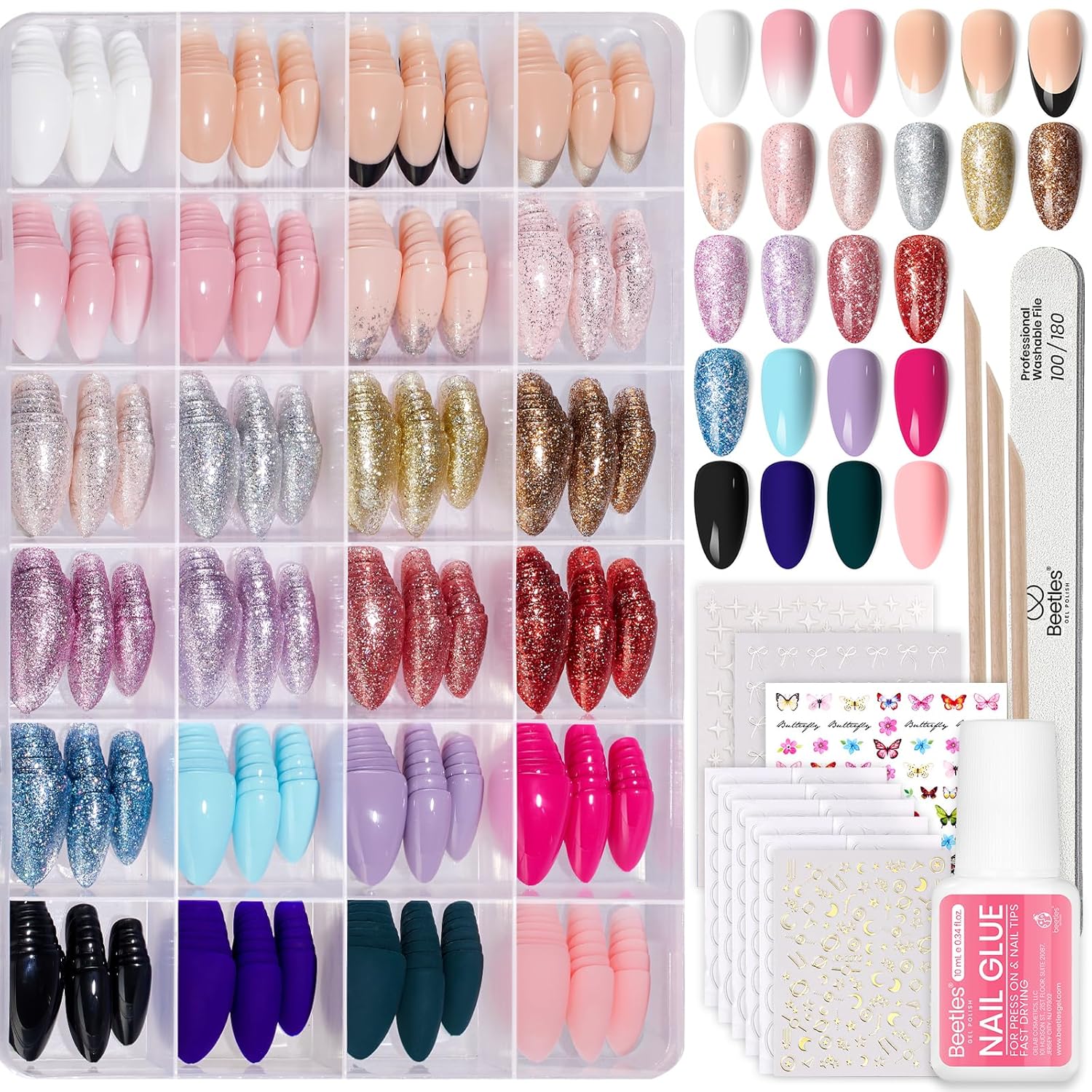 720-piece set covering 15 nail sizes and 24 color/finish combinations including matte, glossy, glitter, french tip, and nude
