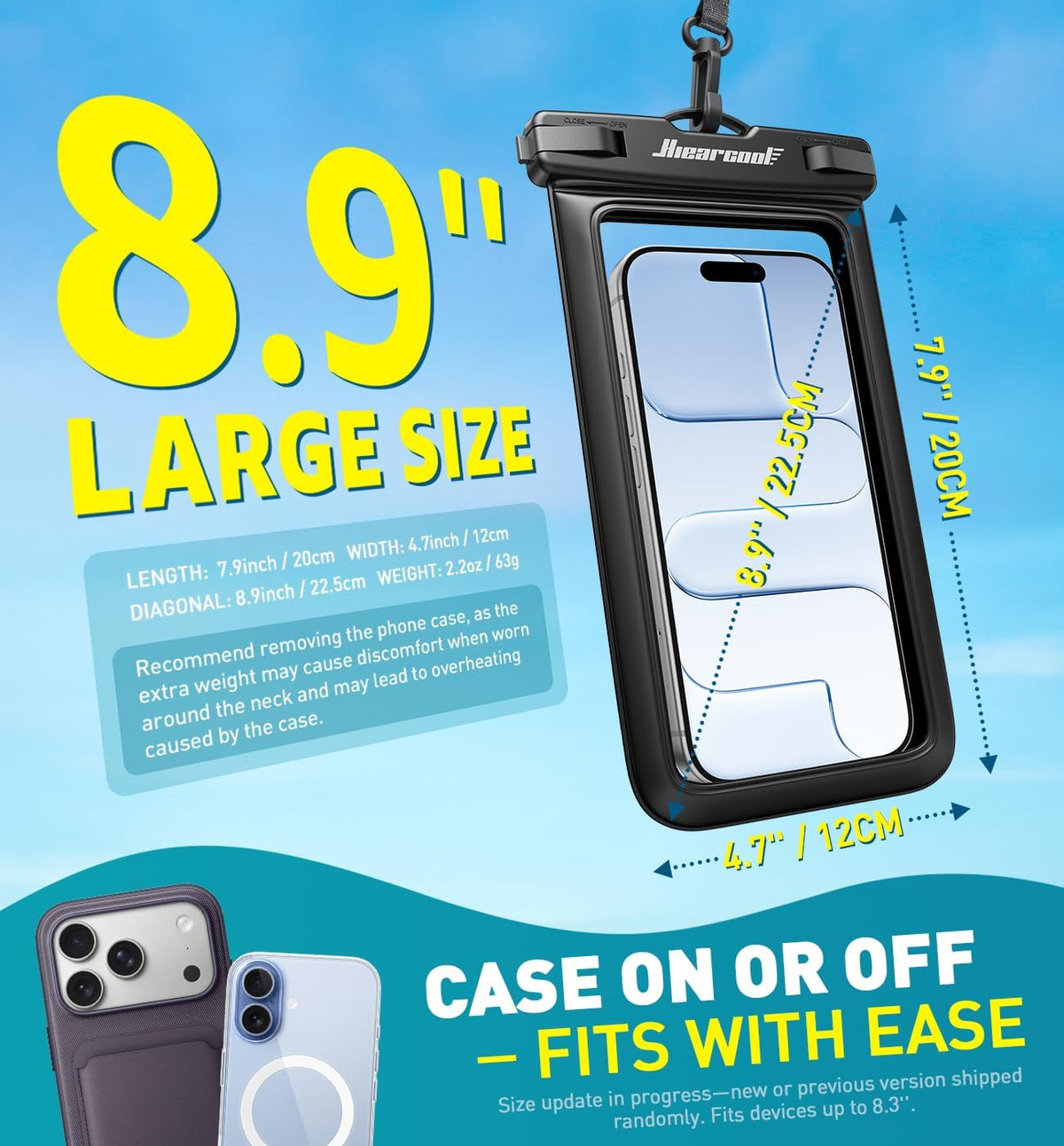 8.9-inch inner chamber fitting large iphones and android phones with case on