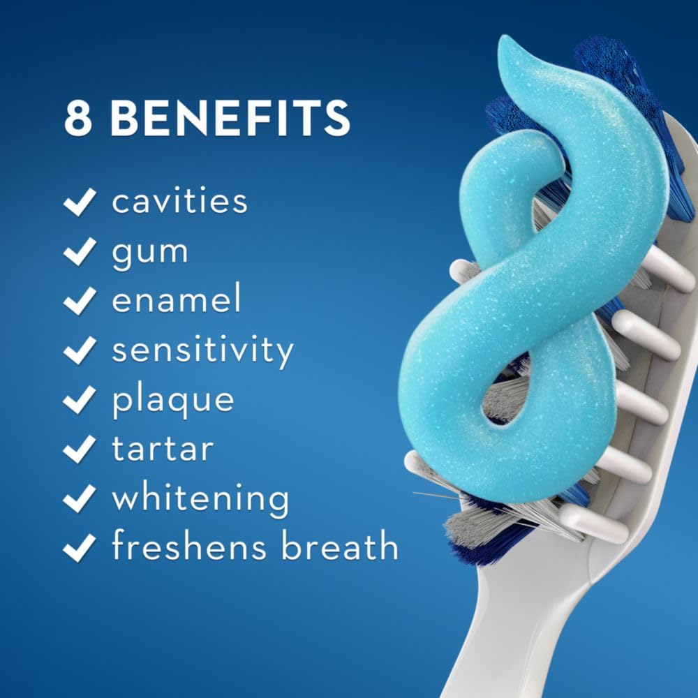 8 advanced benefits in one formula: cavities, sensitivity, plaque, tartar, gums, enamel, whitening, fresh breath