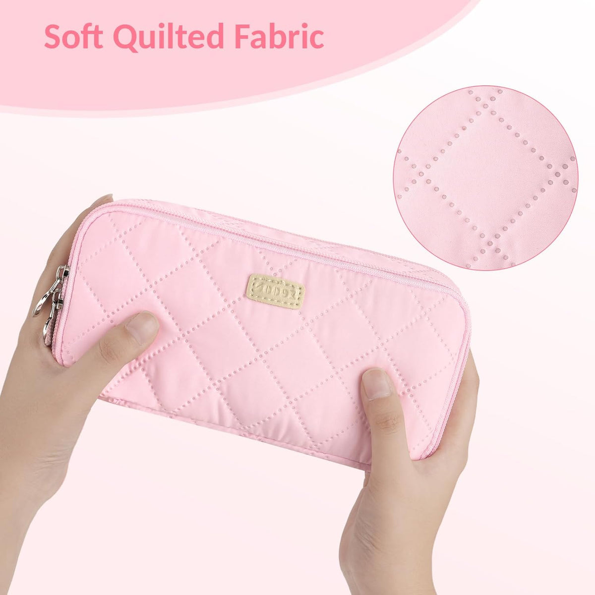 8 compartments: 1 main section split by 2 baffles, 5 small pockets, 1 elastic pen loop, plus a front zip pocket with 5 elastic loops and 1 mesh pocket