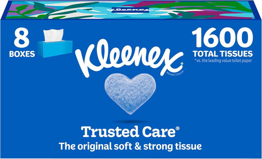 8 flat boxes totaling 1,600 2-ply tissues for high-volume household use