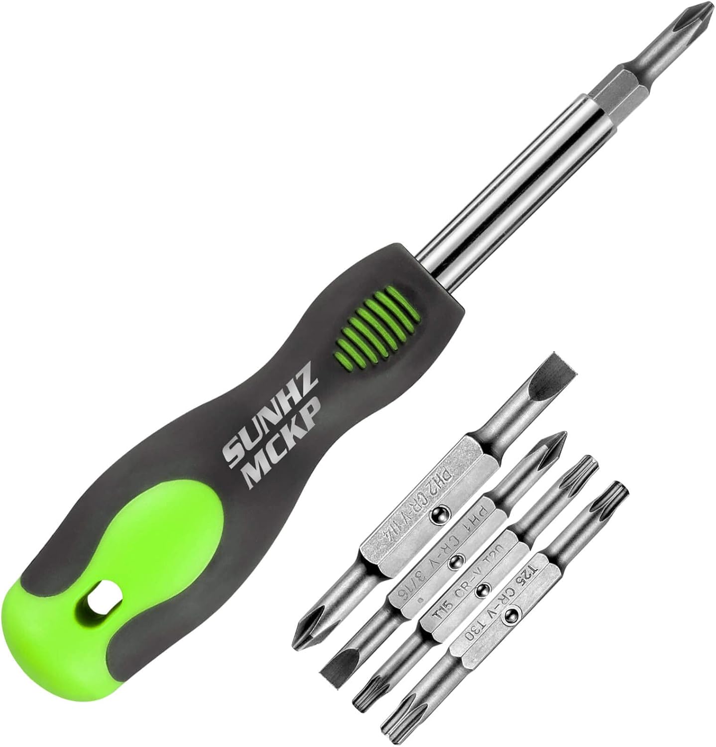 8 interchangeable bits covering phillips (ph1, ph2), slotted, and torx (t15, t20, t25, t30) head styles