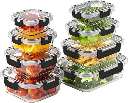 8-piece set with 4 rectangular (200-1040ml) and 4 square (150-800ml) borosilicate glass containers