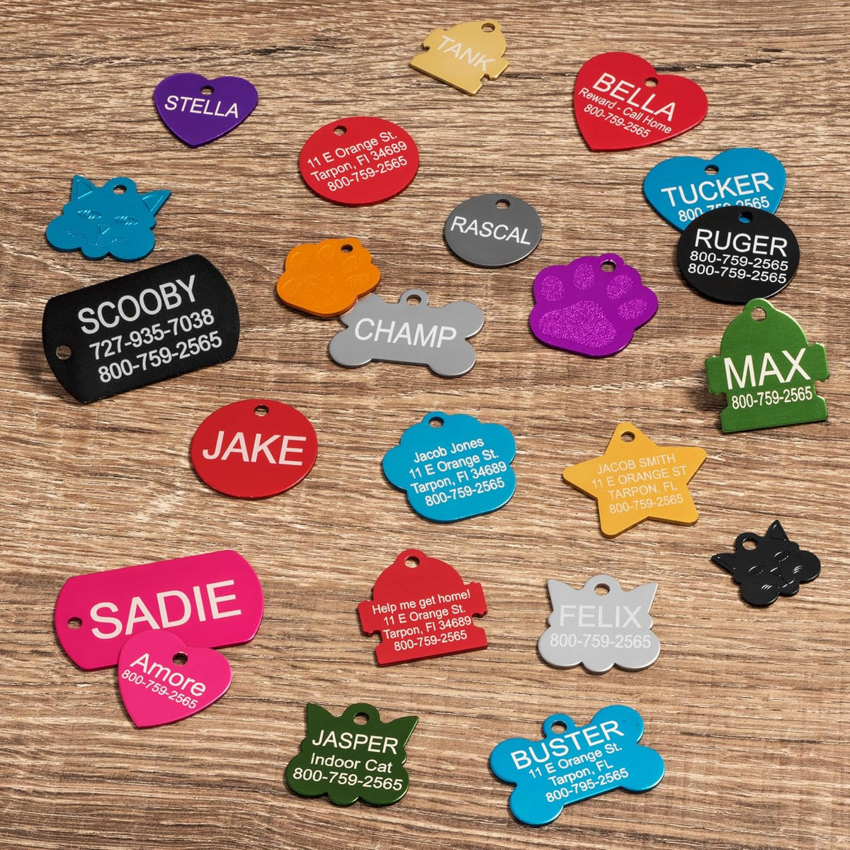 8 shape options: paw, star, heart, cat, hydrant, round, bone, gi tag (rectangle)