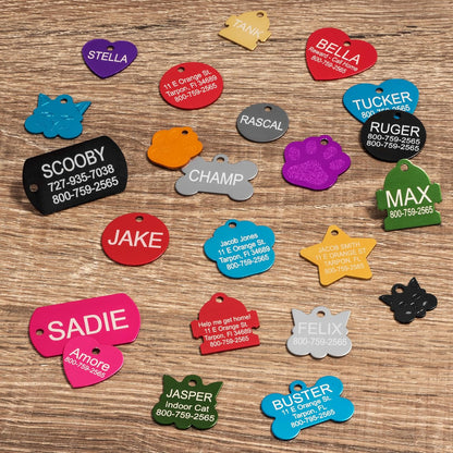 8 shape options: paw, star, heart, cat, hydrant, round, bone, gi tag (rectangle)