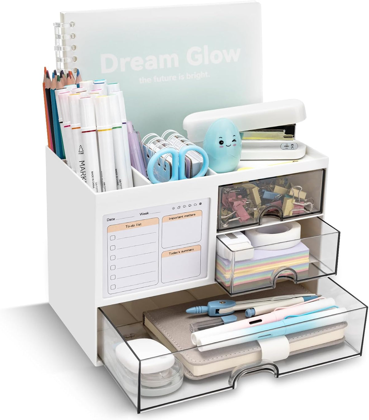 8 total compartments including 2 pen holders, 1 top tray, 1 notebook holder, and 1 note slot